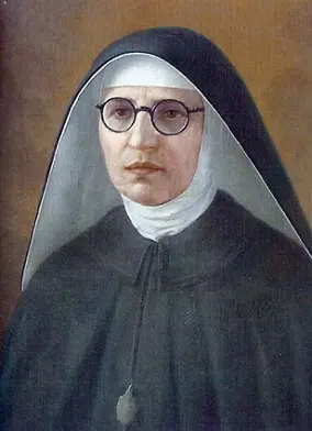 Portrait de la bienheureuse Maria Pierina de Micheli en habit de religieuse avec des lunettes rondes.