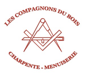 Symbole des compagnons, une équerre et un compas, entourés par les mots les compagnons du bois et charpente - menuiserie