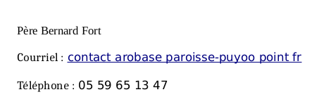 Contact : Père Bernard Fort. Adresse de courriel : contact arobase paroisse-puyoo point fr.
téléphone : 05 59 65 13 47 .