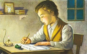 Saint Dominique Savio écolier fait ses devoirs à la lumière d'une lampe à pétrole