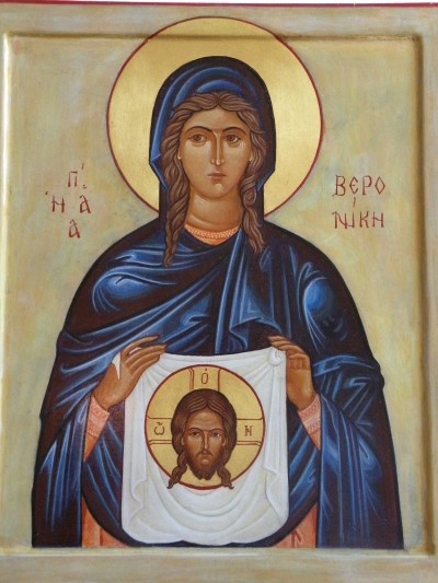 Tableau médiévale représentant sainte véronique et le linge de la sainteFace